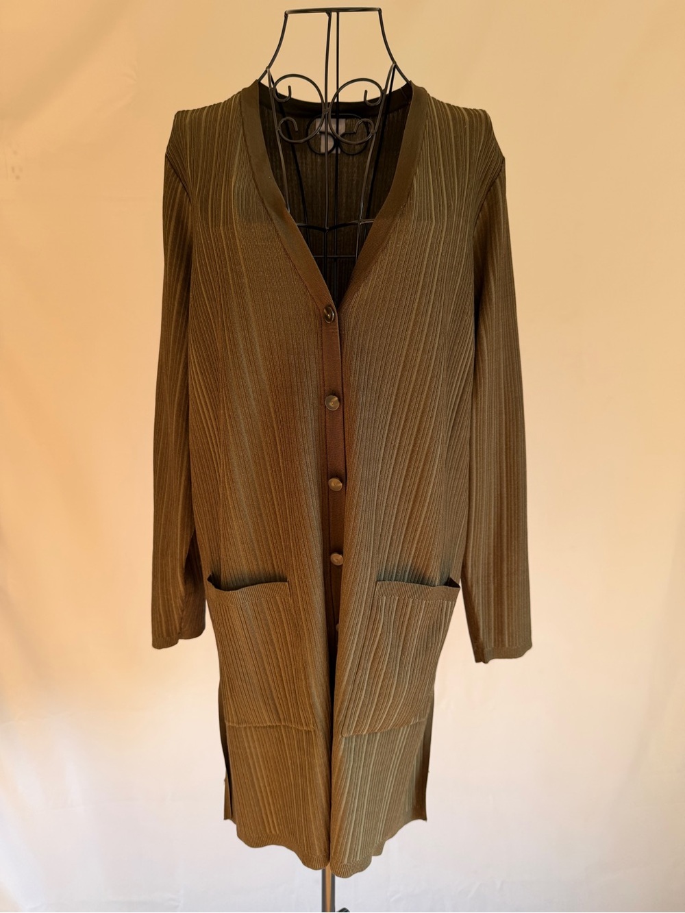 Chico's Olive Green Long Buttoned Knit Jacket